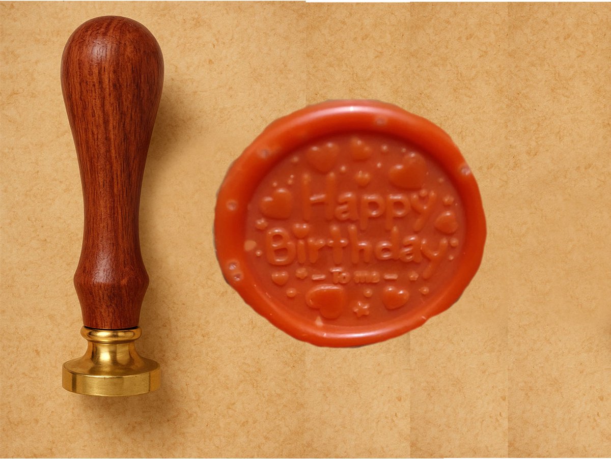 Lakstempel Ø25mm | Happy Birthday hartjes | donkerbruin handvat